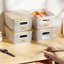 6-Piece Plastic Storage Basket With Bamboo Lid, Stackable Storage Basket Storage Box, Suitable For Home, Office, Game Room, Dormitory - Storage Solution - màu đen - Xem 7