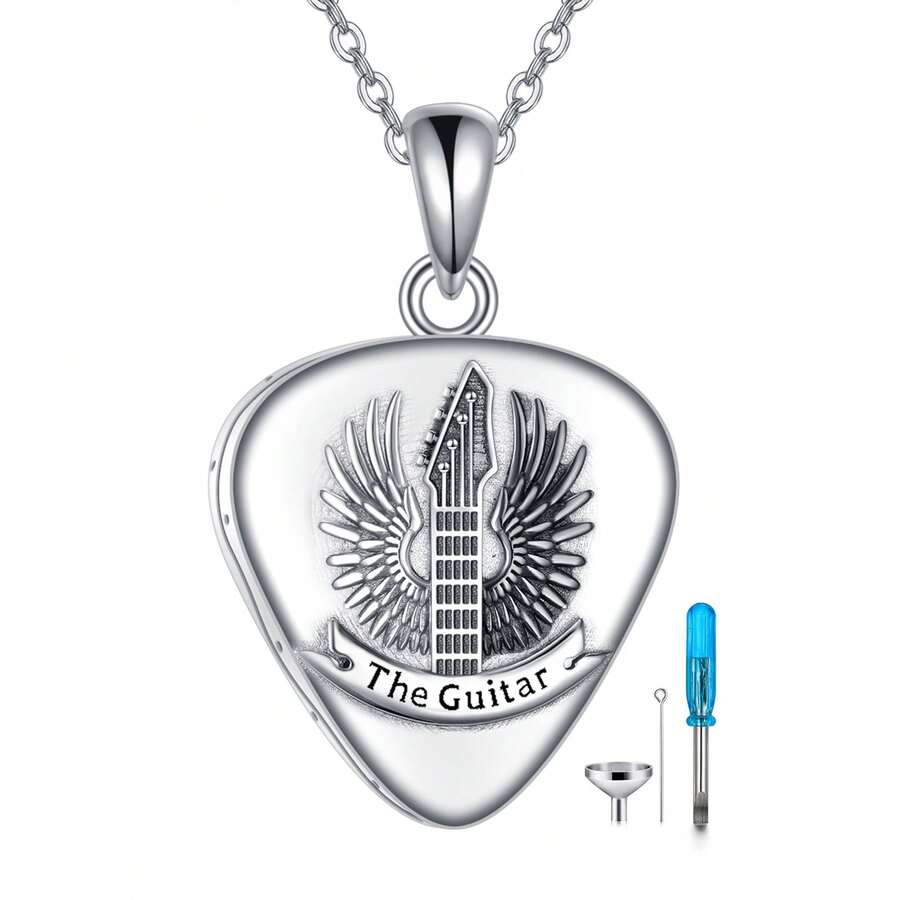 Angle Wing Guitar Pick Urn Necklaces For Ashes Sterling Silver Cremation Urn Necklaces Memorial Keepsake With Filling Tool - Silver - View 1