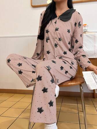 2pcs Women Sleepwear Set, Long Sleeve Shirt With Star & Moon Print, Lapel Collar Design, Allover Print Pants, Elegant & Comfortable For Home & Leisure, Suitable For Spring, Autumn & Winter