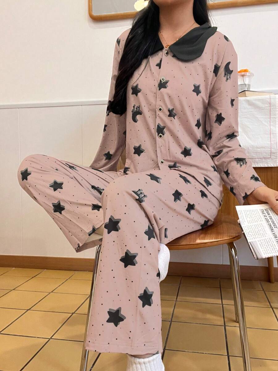 2件組女款睡衣套裝,長袖長褲,開襟V領蝴蝶紮染印花彼得潘領,時尚上衣與下裝套裝,春/秋季 - 紫羅蘭色 - 查看 1