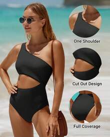 Women's Swimsuit - One Shoulder Cutout Tummy Control Bathing Suit - 薰衣草 - 查看 9