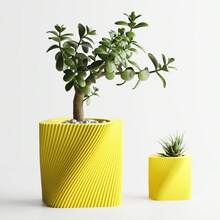 ORIZZONTE Modern Square Decorative Vase With Slanted Spiral Texture – Geometric Design For Succulents And Small Indoor Plants – Home/Office Gift Idea – Available In 2 Sizes – 100% Made In Italy, Shipping From Italy - 黃色 - 查看 2