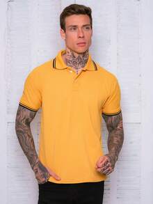 Lucky Star Modas Men's Striped Polo Shirt In Piqué Knit - Mustard Yellow - View 3
