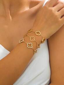 3er Set elegantes, Cut Out Kleeblatt-Armband mit Strass-Verzierung, klassisches und vielseitiges Armband-Set in Goldton für Frauen - Goldgelb - Übersicht 2