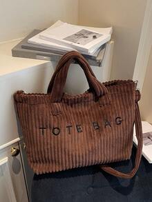 Bolso de mano versátil de estilo minimalista casual, bolso de hombro elegante de gran capacidad con rayas de unicolor, bolso cruzado de moda con decoración de letras, adecuado para el trabajo, el transporte, las compras y otras ocasiones - Café integral - Ver 8