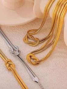 RAYQUEEN 1 Stück Edelstahl Schlangenkette gewebter Knoten Klingen Anhänger Halskette, 18K vergoldet nicht verblassend, modischer Doppelschicht, geeignet als Geschenk und für den täglichen Gebrauch - Silber - Übersicht 10