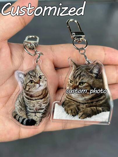 1個 カスタマイズ可能な動物の肖像画 犬/猫 PCキーホルダー、オールシーズン使用可能、クリスマス、バレンタインデー、春節ギフト、カスタマイズアイドル写真、ペット写真、会社ロゴ、車の写真、記念日、バッグチャーム