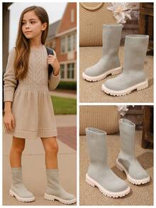 1 Pair Grey Tall Boots For Big Girls, Elastic Knit Fabric, Round Toe, Thick Sole, Comfortable Slip-On Design, Fashion British Style Mid-Calf Leg Warmers Boots, Suitable For 3-15 Years Old Female Students Daily, Casual, School, Outdoor, Spring/Autumn New - Light Grey - View 1