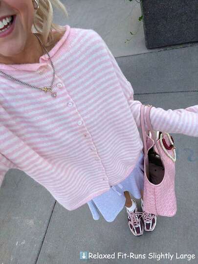 Vivid Style Autumn/Winter New Women's Fashion Street Style Loose Striped Knit Cardigan, Suitable For Street, Airport, Christmas, New Year