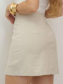 Emili Women's Linen Tailored Skirt With Elegant Front Slit And Lining - 米色 - 查看 6