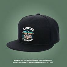 Stylish black cap with camping theme design (with "CAMPING IS MY THERAPY" design) duck cap Baseball cap low cap snapback breathable flat bill cap snapback cap graphic print sports large head around snapback cap ball cap duckville cap fashionable low cap unisex baseball cap haphop baseball cap small head around visual retro - ブラック - チェックする 1
