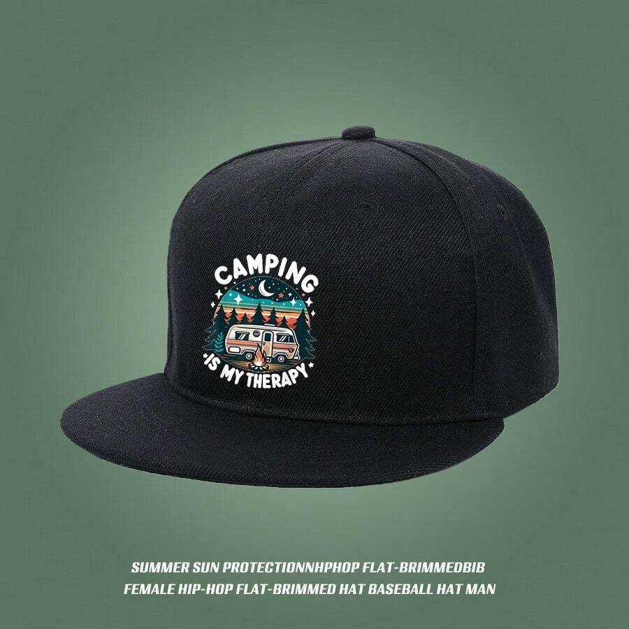Stylish black cap with camping theme design (with "CAMPING IS MY THERAPY" design) duck cap Baseball cap low cap snapback breathable flat bill cap snapback cap graphic print sports large head around snapback cap ball cap duckville cap fashionable low cap unisex baseball cap haphop baseball cap small head around visual retro - ブラック - チェックする 1
