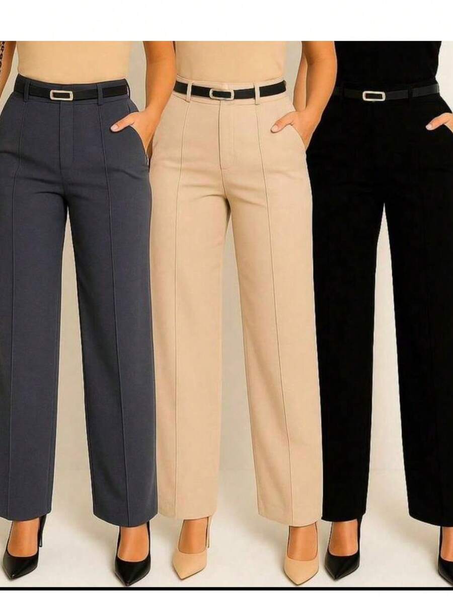 Set Of 3 Women's Plus Size Tailored Dress Pants With Belt For Summer. - Black/gray/beige - View 1
