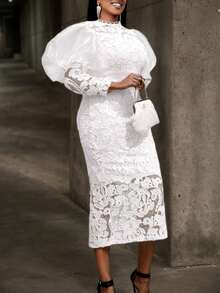 Women's Stylish White Lace Midi Dress - High Neck Puff Sleeves, Elegant Chic For Weddings, Evening Parties & Formal Occasions - 白色 - 查看 3