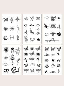 CAT QUEEN ART 6PCS Herbal Juice Semi-Permanent Magic Tattoo Stickers Mini Butterfly Bee Insect Floral Sun Moon Patterns 7-14 Days No Fading No Reflection Finger Ear Behind Shoulder Neck Collarbone Waterproof Tattoo Stickers - Blue - View 3