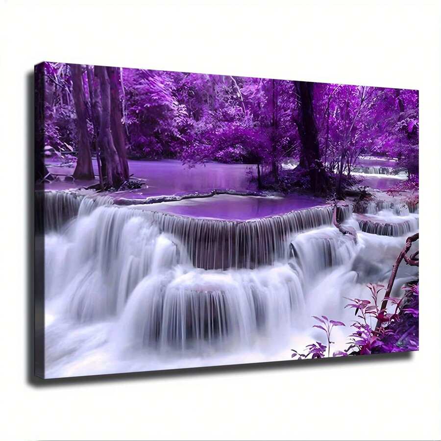 Wooden Framed Waterfall Canvas Art - Vibrant Purple Waterfall Wall Decor With  Forest Scene, Bedroom, Bathroom, Kitchen & Home Gifts, Home Wall Decor | Atmosphere Art | Textured Surface Art, Nature Wall Art,Canvas Wall Hanging, Suitable For Hanging - 紫色 - 查看 1