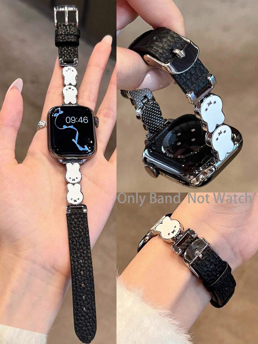 新款可愛兔子圖案女款黑色皮革錶帶，適用 S11/SE/10/9/8/7/6/5/4/3/2/1/Ultra 系列，纖細窄版設計，柔軟舒適，適合 38/40/41/42/44/45/46/49mm 錶盤，智慧手錶配件
