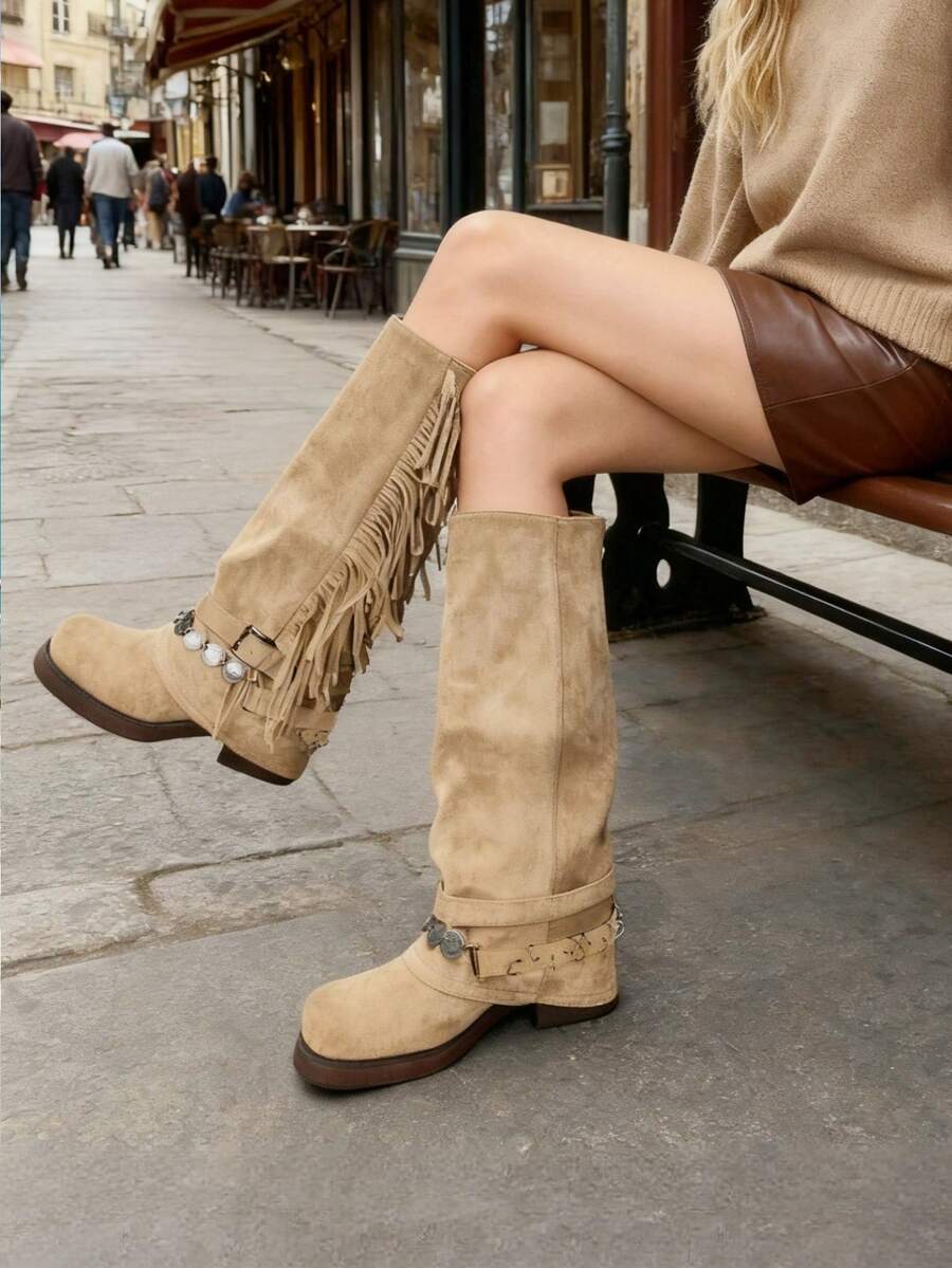 Women's Fringe Boots Square Toe Platform Punk Knee High Boots With Buckle Wide Calf Fold-Over Motorcycle Riding Boots Pull On Chunky Heel Tassel Tall Boots - 米色 - 查看 1