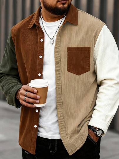 Chaqueta casual de manga larga con cuello vuelto y bloques de color de pana talla grande para hombre