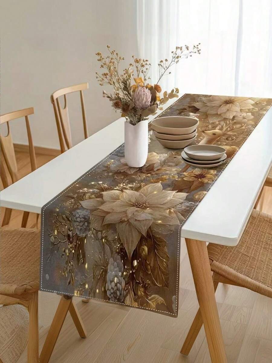 1pc, Linen Table Runner, Elegant Red Christmas Floral Table Runner With ...