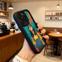 Cubierta de teléfono con borde negro diseño de chica con gafas y delantal amarillo sobre fondo abstracto colorido para uso diario en cafeterías Aplicable a los teléfonos de la serie Apple y Galaxy - Burdeos - Ver 6