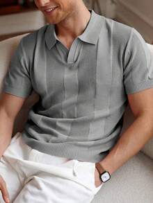 Men's Casual Summer Polo Top With Stripes And Patchwork Knit, Men's Summer Polo Top, Solid Color Short Sleeve Knit Sweater For Men, Summer Fashion - 灰色 - 查看 4