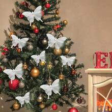 12 PCS White Feather Butterfly Glitter Butterflies Ornaments Clips On For Spring Christmas Tree Crafts Flower Bouquets Fairy Garden Wedding Home(White),White - 白色 - 查看 6