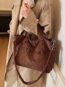 Bolso de mano versátil de estilo minimalista casual, bolso de hombro elegante de gran capacidad con rayas de unicolor, bolso cruzado de moda con decoración de letras, adecuado para el trabajo, el transporte, las compras y otras ocasiones - Café integral - Ver 4