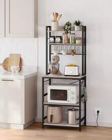 Scaffale Cucina con Multipresa, Scaffale per Microonde, Mobile Cucina, 14 Ganci, 40 x 60 x 170 cm, Greige e Nero - Grigio - Visualizzare 1