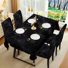 1/4/5/6/7/36 piezas Juego de fundas de asiento/cubiertas de silla con estampado de textura de mármol negro falso de estilo vintage, adecuado para interiores, comedor, hotel, opción ideal para decoración diaria moderna. El mantel se ajusta a la mesa de comedor cuadrada, las fundas de silla elásticas son lavables. - Multicolor - Ver 3