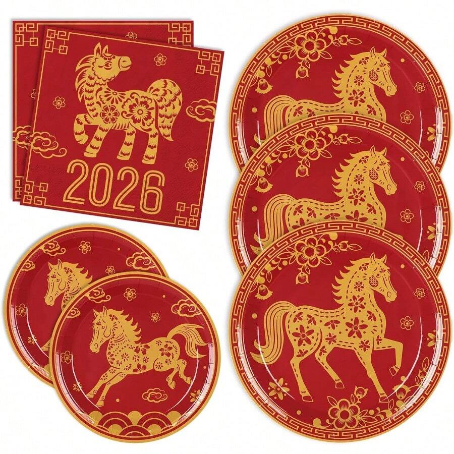 Velocion-72 Pcs 2026 Chinese New Year Tableware Supplies Kit Red Gold Horse Disposable Dinnerware Plates And Napkins For 24 Guest Spring Festival Lunar New Year Party Decoration - Năm mới - Xem 1
