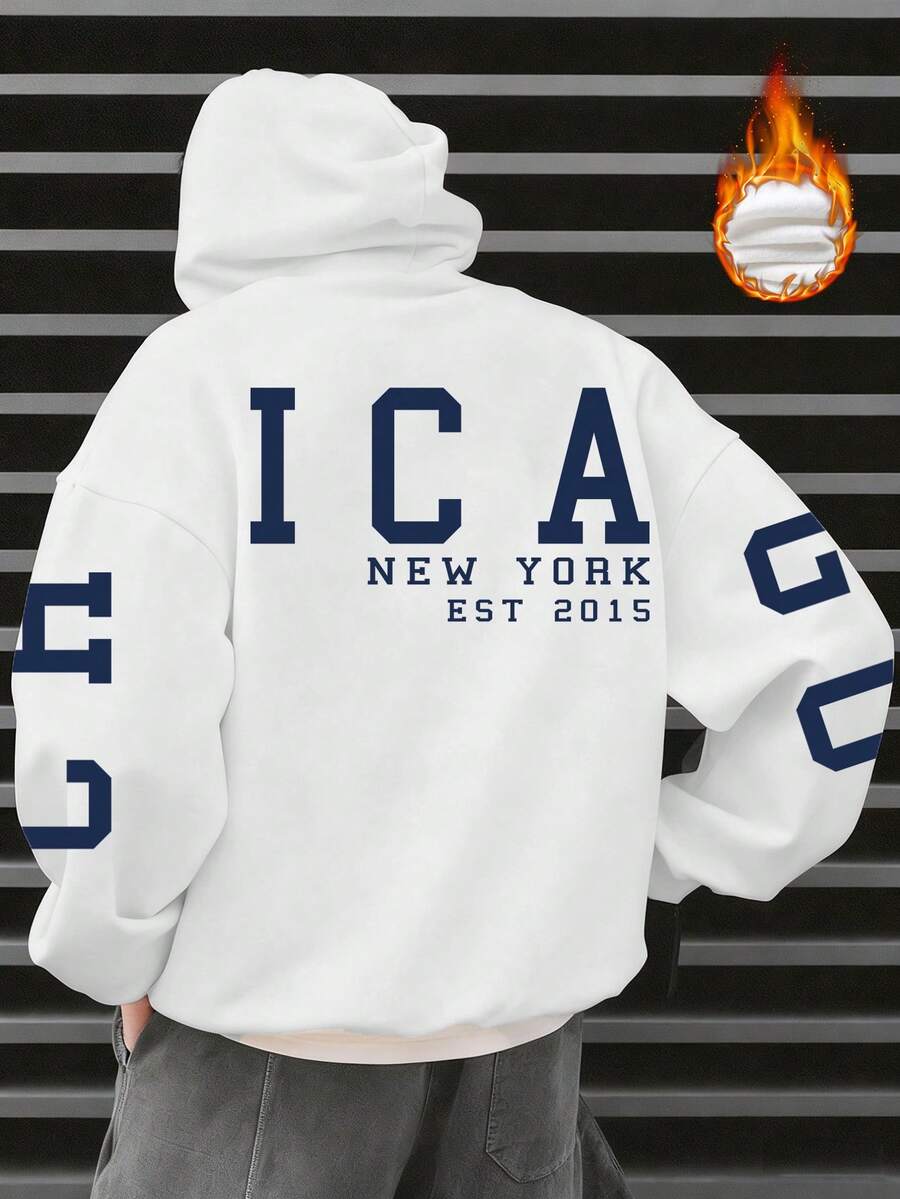 男士连帽衫，印有英文标语和图案，保暖内衬，街头风，秋冬季长袖上衣 - 白色 - 查看 1