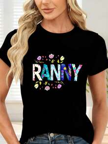 Camiseta de  con Estampado Floral y Letras RANNY para Ocasiones Casuales y Festivas - Negro - Ver 1