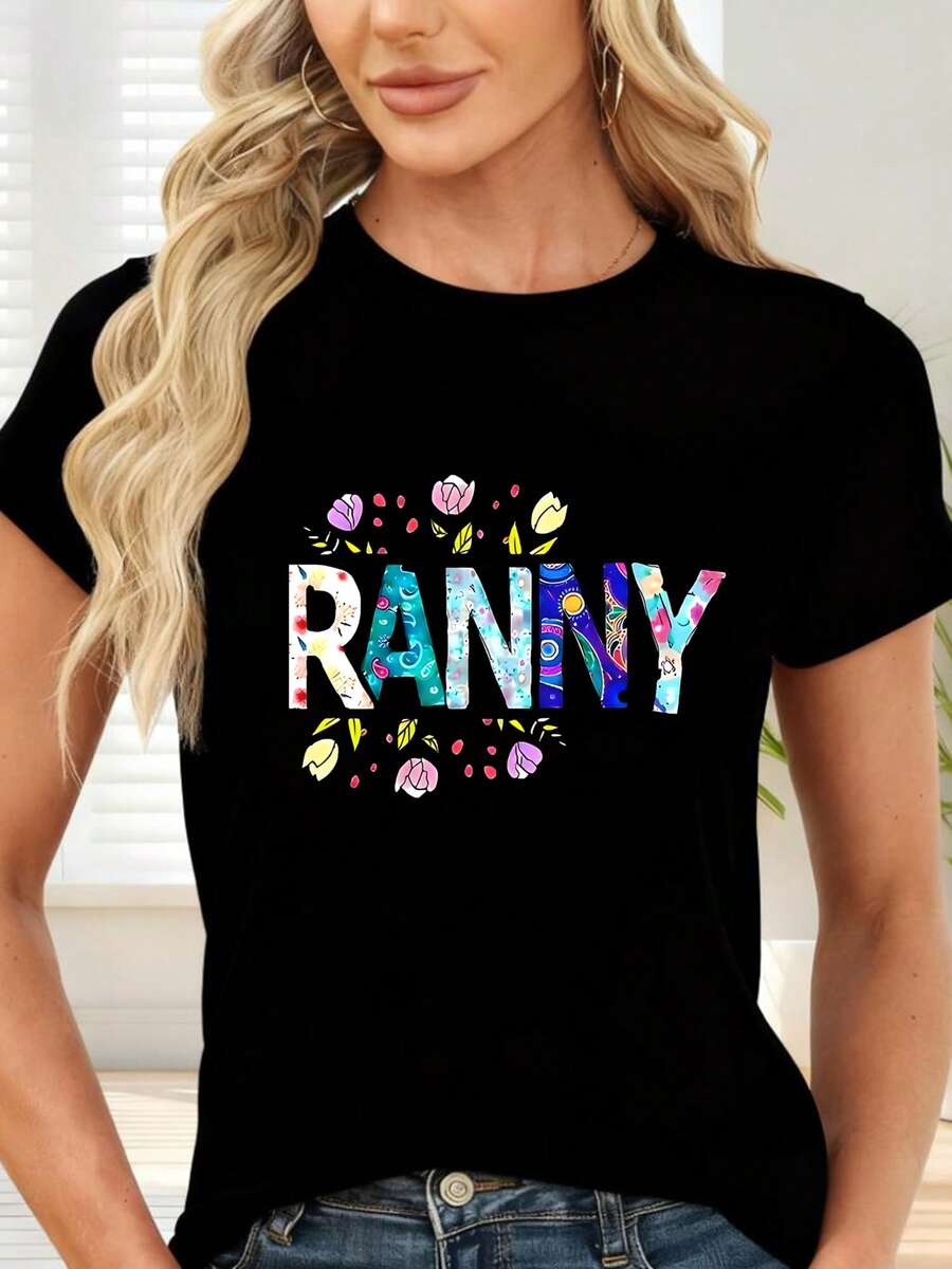 Camiseta de con Estampado Floral y Letras RANNY para Ocasiones Casuales y Festivas - Negro - Ver 1