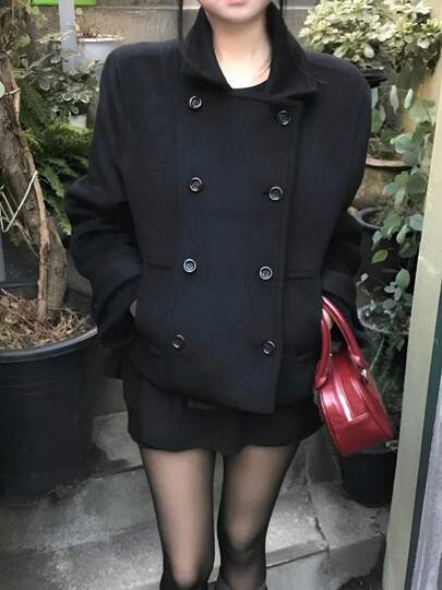 2025 秋冬フレンチプレッピーラペルダブルブレストパッド入り多用途ポケット長袖ウールコート女性用