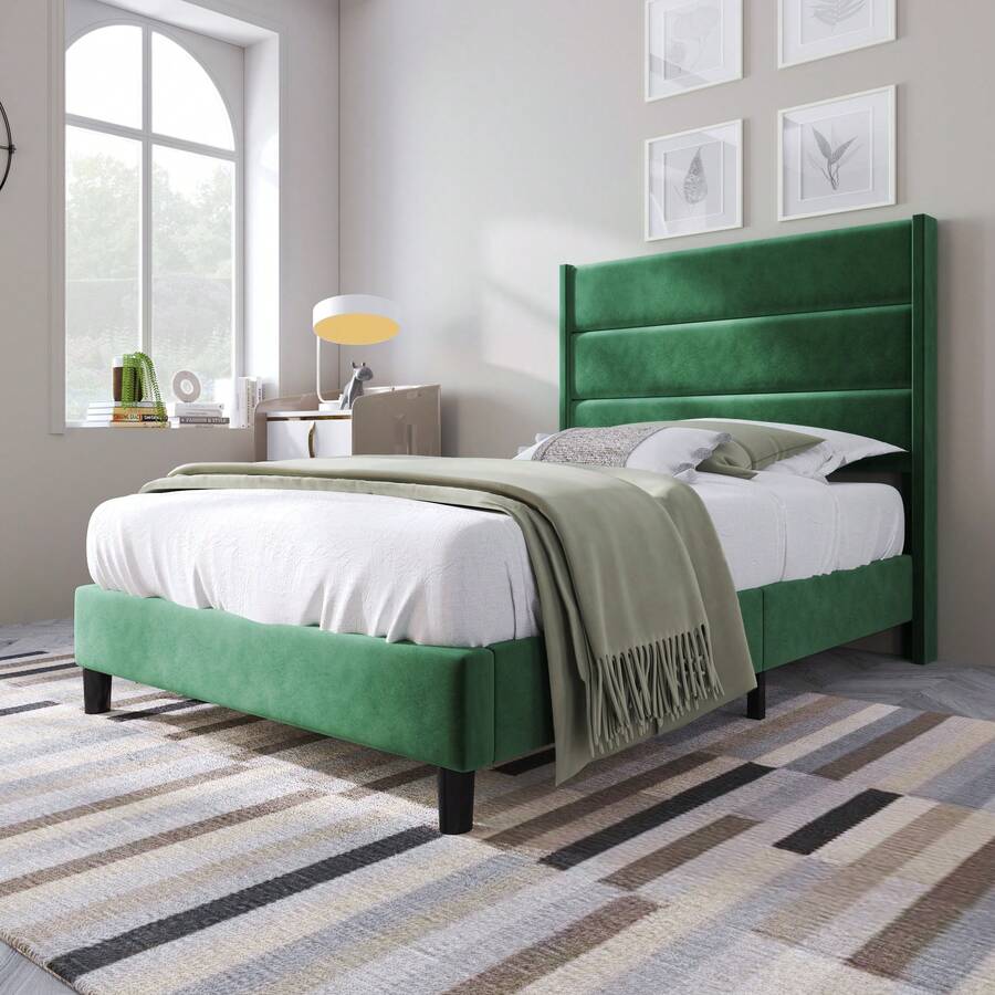 Upholstered Bed 90 X 200 Cm, Bed Frame With Slatted Frame & Headboard, Upholstered Double Bed, Textile Cover Velvet In Dark Green, Timeless Modern Design, Youth Bed - Green - View 1