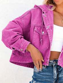 Chaqueta azul con capucha y hombros caídos con bolsillo y cordón ajustable para mujer - Rosa Fucsia - Ver 4