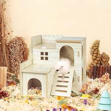 Wooden Hamster Toy Set (6 Pieces) - Natural Wood Hamster House, Swing, Climbing Ladder, Seesaw, And Exercise Wheel - Suitable For Small Animal Habitat Accessories For Hamsters, Gerbils, And Mice. - Màu be - Xem 5
