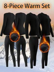 8PCS Winter Clothes For Women,Women Solid Color Long Sleeve Top And Pants Innerwear For Winter,Thermal Set Women,Perfect For Indoor Lounging & Office Layering