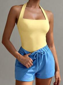 XLLAIS Sexy Backless Halter Tops Fashion Square Neck Elastic Casual Slim Fit Summer Women's Camisole Yellow Holiday