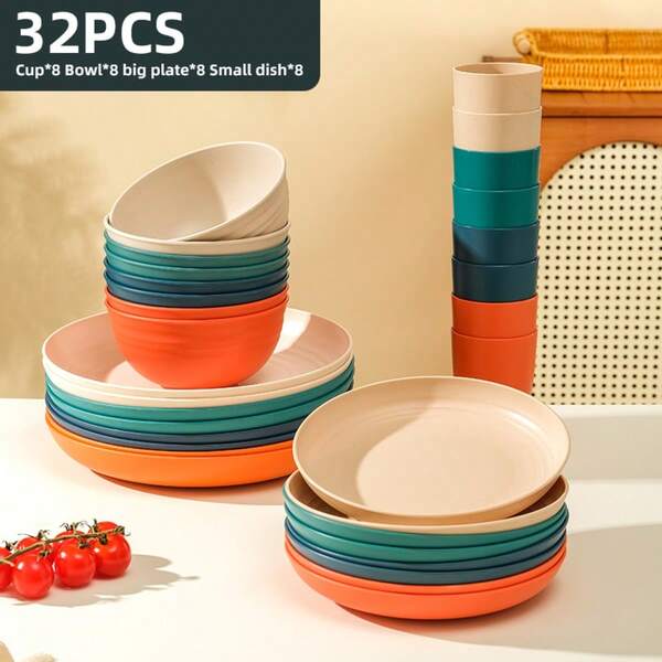Brczuo 16/32 Piece Kitchen Plastic Wheat Strawware Set, 4/8 Person Portion, Dinner Plate, Dessert Plate, Cereal Bowl, Cup, Durable Black Plastic Outdoor Camping Tableware, Black Wheat Strawware, Ideal For Family Gatherings, Birthday Parties.