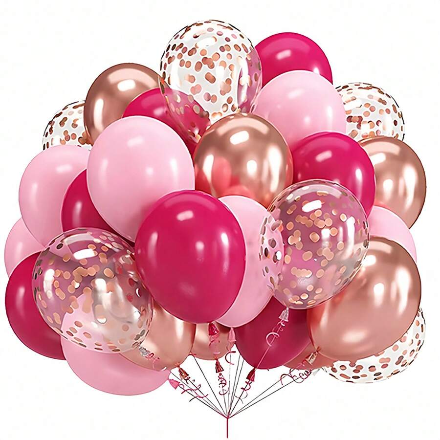45pcs Fuchsia, Light Pink And Rose Gold Balloon Set, Includes Confetti Balloons, Romantic And Elegant Color Combination, Ideal For Valentine's Day, Wedding, Birthday, Engagement, Anniversary, Baby Shower And Various Party Decorations, Great For Making Balloon Arches Or Photo Props - Multicolor - View 1