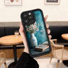 Cubierta de teléfono con borde negro diseño floral y libro para iPhone estilo elegante decoración artística para uso diario en cafeterías y hogar Aplicable a los teléfonos de la serie Apple y Galaxy - Burdeos - Ver 3
