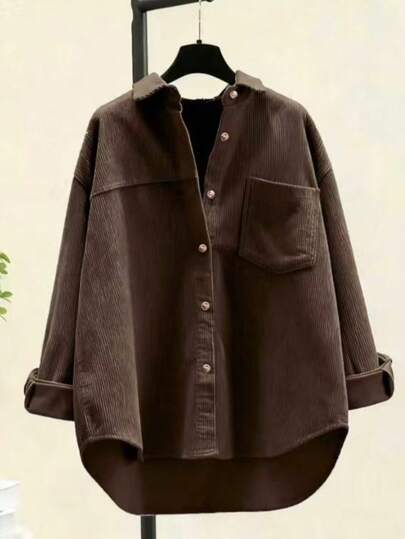 Áo sơ mi nhung kẻ nữ - Màu nâu cà phê, cổ bẻ, tay dài, 100% polyester, có thể giặt máy, kiểu dáng thanh lịch, màu trơn, thích hợp mặc hàng ngày, phù hợp cho mọi mùa xuân.