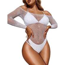 Mujeres Lencería Body de rejilla con brillo y malla Lencería de peluche(Blanco Talla Única) - Multicolor - Ver 2