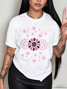 Flower With Face And Pink Stars Floating Women's T-Shirt 100% Cotton Represents Joy And Mystery In A Bright Universe Full Of Light And Positive Energy With A Fun And Original Touch. - 白色 - 查看 6