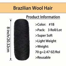 3pcs Brazilian Wool Hair Synthetic Crochet Hair Extensions For Women African Hair Yarn For Braiding Senegalese Twist Fake Hair, Suitable For Women's Daily Life, Parties, Halloween And Christmas, Multiple Colors Of Hair To Choose From, 70G/Roll - Multicolor - View 7