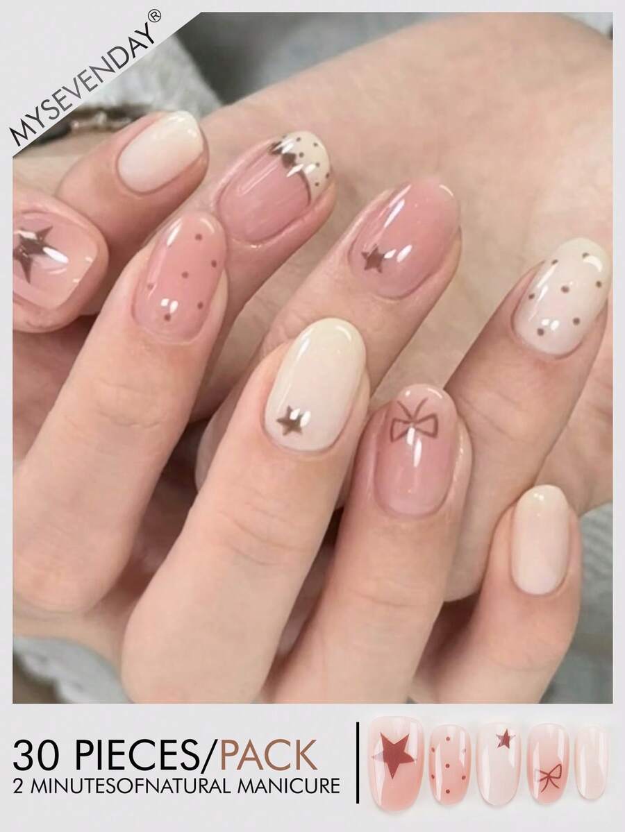 Bộ 30 miếng dán móng tay hình oval/màu tương phản, chấm bi, sao, nơ, móng giả acrylic kèm 1 lọ gel dẻo và 1 dũa móng, phù hợp cho nữ giới sử dụng hàng ngày khi đi làm, học tập và gặp gỡ bạn bè vào mùa thu/đông. Sản phẩm làm móng này cũng thích hợp cho các bữa tiệc, lễ hội và sử dụng hàng ngày. Dụng cụ làm móng - Nhiều màu - Xem 1