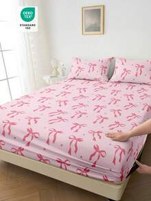 1pc Fitted Sheet, Bedding, Mattress Protector, Bed Cover, Bed Sheet, Cozy Home Textile, Breathable And Anti-Pilling Mattress Protector, Pink Bowknot Pattern Bed Cover, Home Decoration, Fits For All Size Beds - Twin, Full, Queen, King, Suitable For All Seasons, Dustproof Bedspread, Pillow And Pillow Case Not Included,