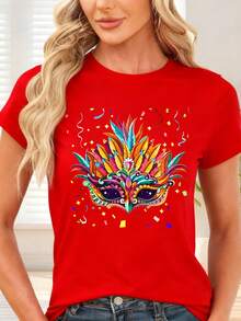 T-Shirt With Colorful Carnival Mask And Confetti Print For Parties And Themed Events - Red - View 1